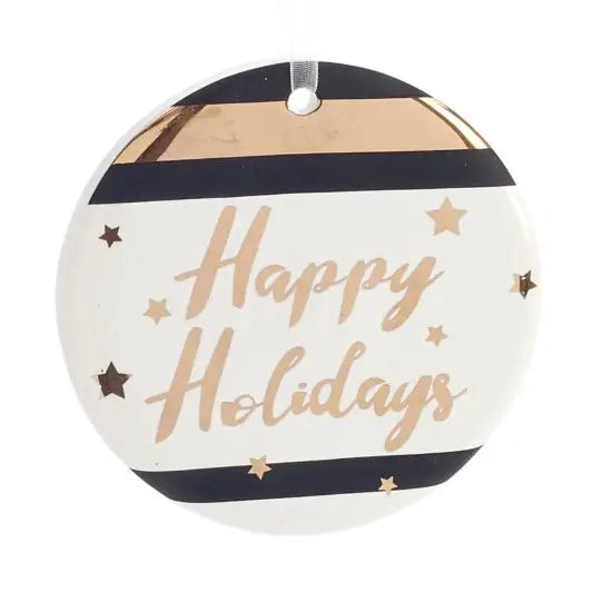Xmas Ornament-  Happy Holidays Gold/Black /white 4''