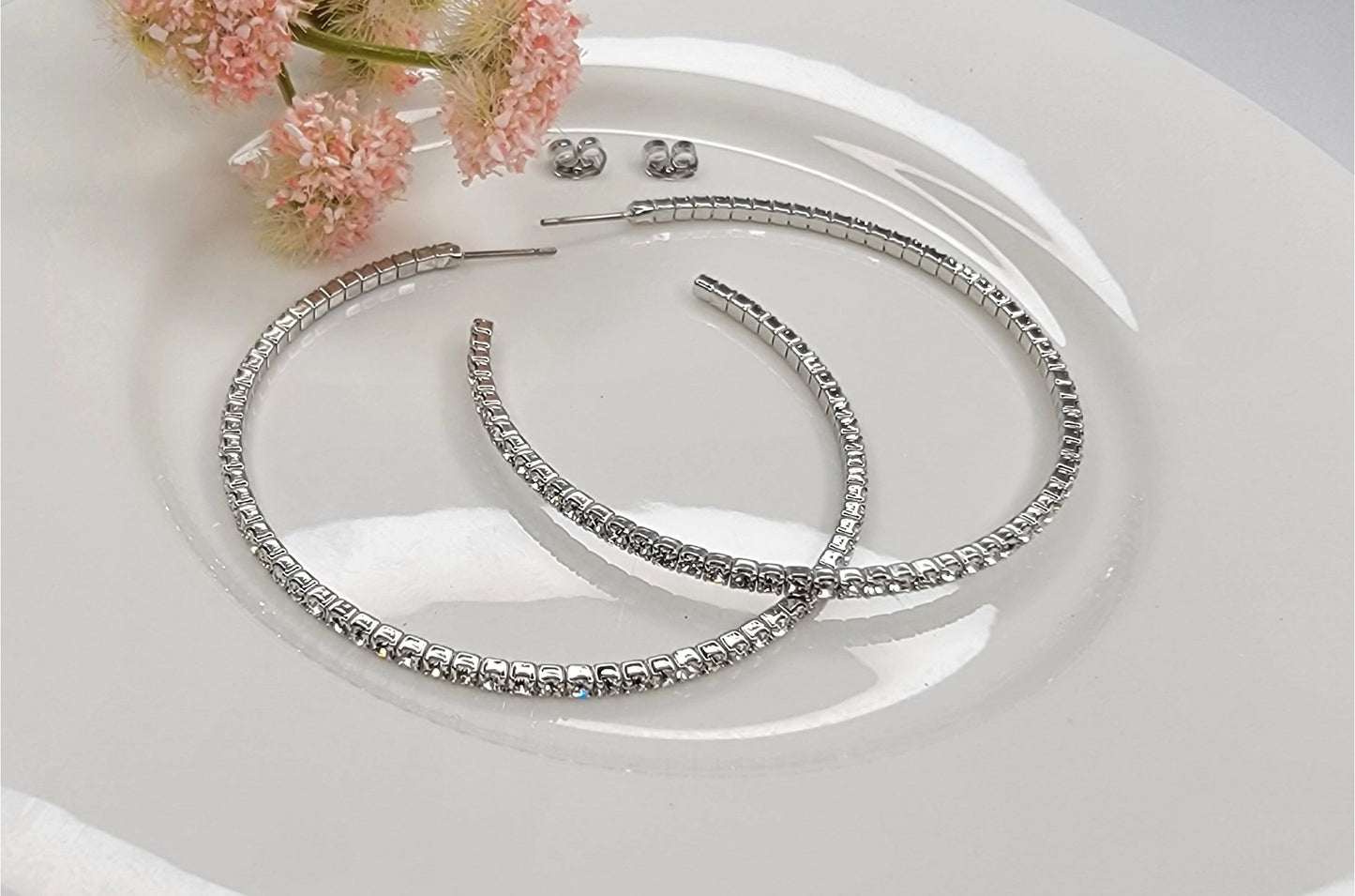 2 1/4" Diameter Large Rhinestone Hoop Earring -Silver