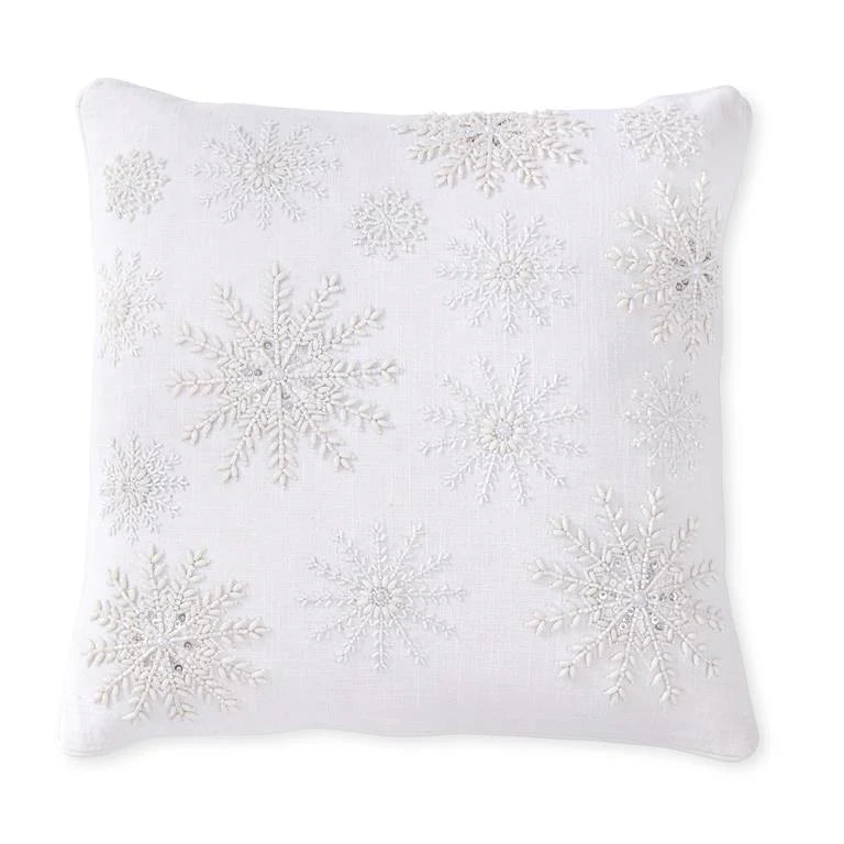 White Linen Beaded Snowflake Pillow-18"