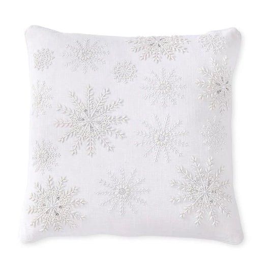 White Linen Beaded Snowflake Pillow-18"