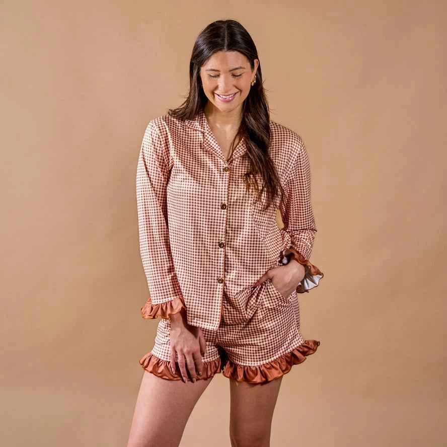 Sweet Dreams Pajama Shorts Set-Maple Gingham