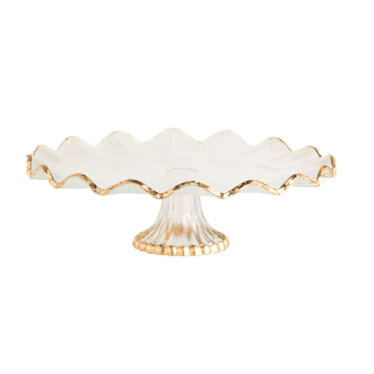 Gold Edge Ruffle Glass Pedestal Cake Stand, 13 Inch
