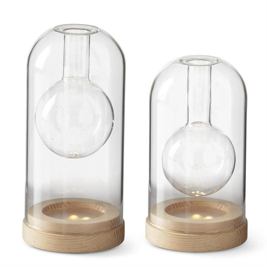Set of 2 Clear Glass LED Cloche Bud Vases w/Timer