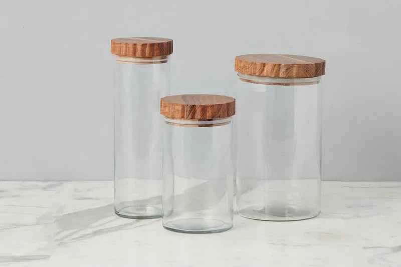 Glass canister-scalloped wood top -LARGE ONLY