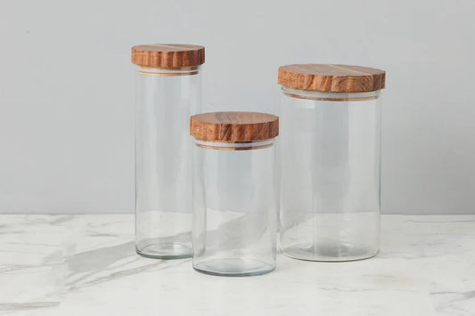 Glass canister-scalloped wood top -TALL/SKINNY ONLY
