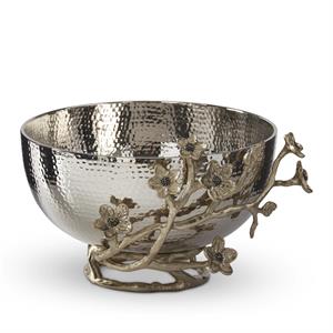 6.75 Inch Hammered Silver Metal Bowl w/Gold Metal Floral Detail
