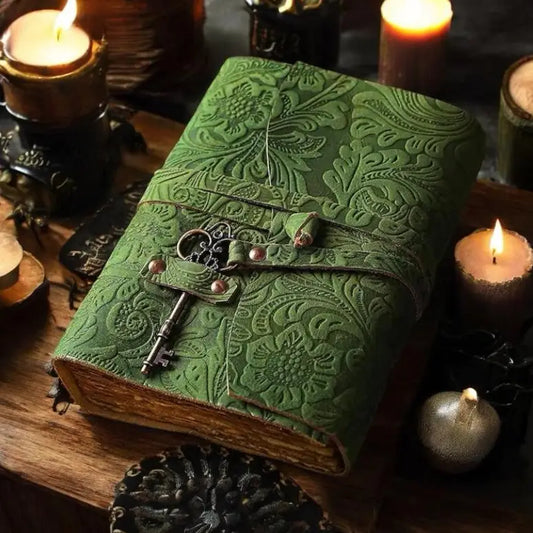 Green Floral Grimoire Handmade Leather Bound journal
