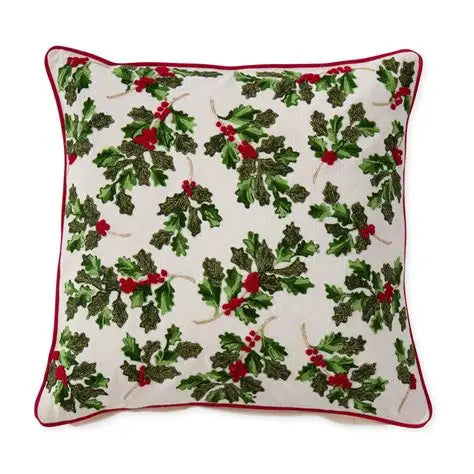 Cream Pillow w/Holly Leaves & Berries-20"