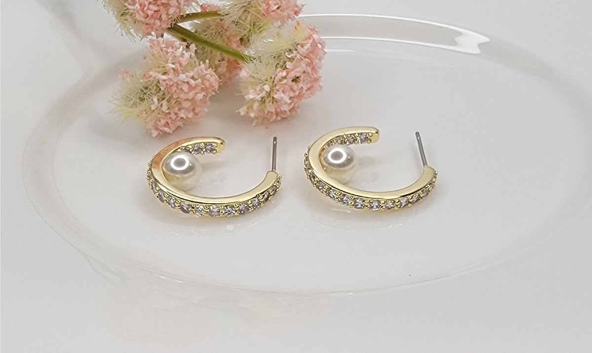 Cz Hoop with Pearl Accent Earrings