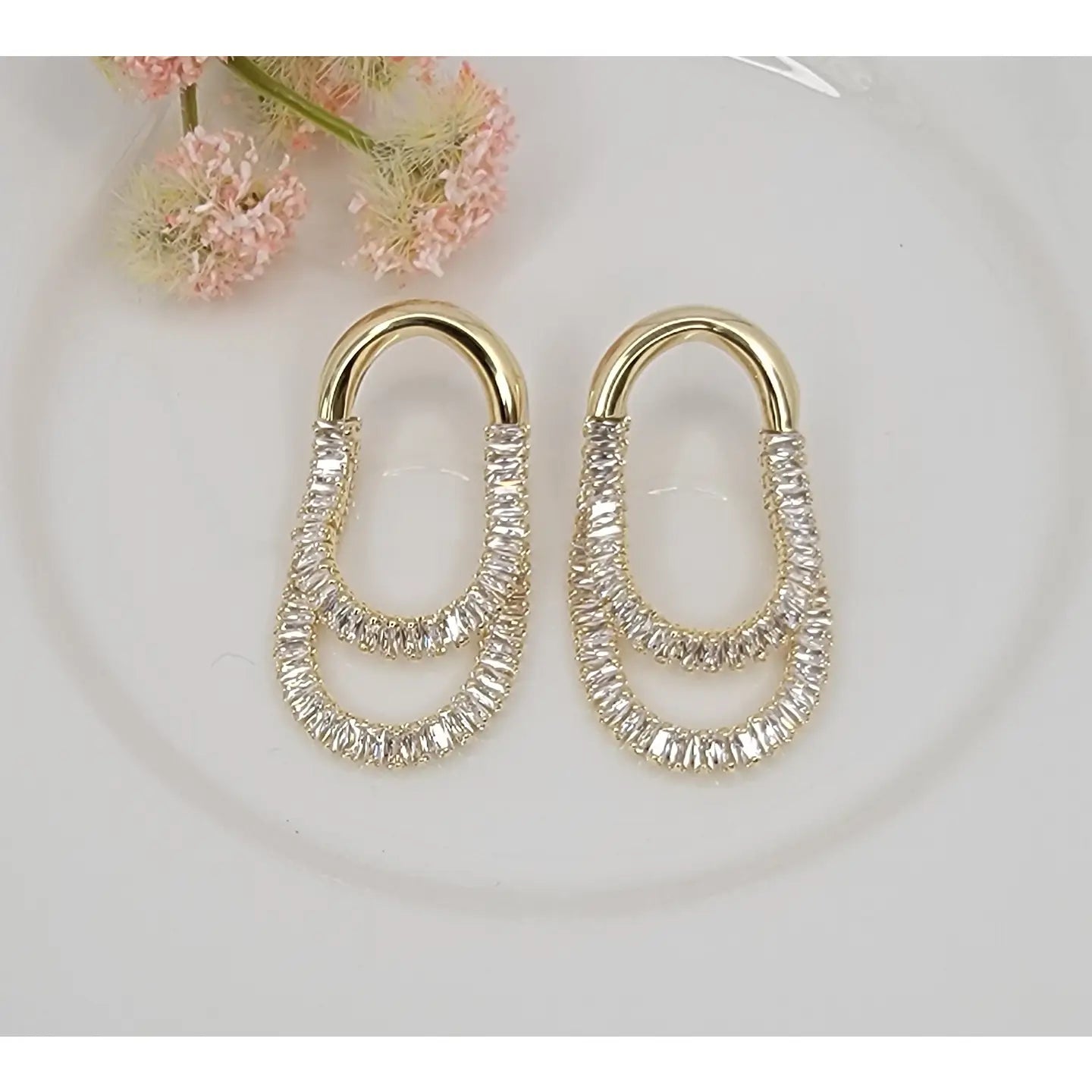 Double Oval Cz Chain Link Dangle Earrings