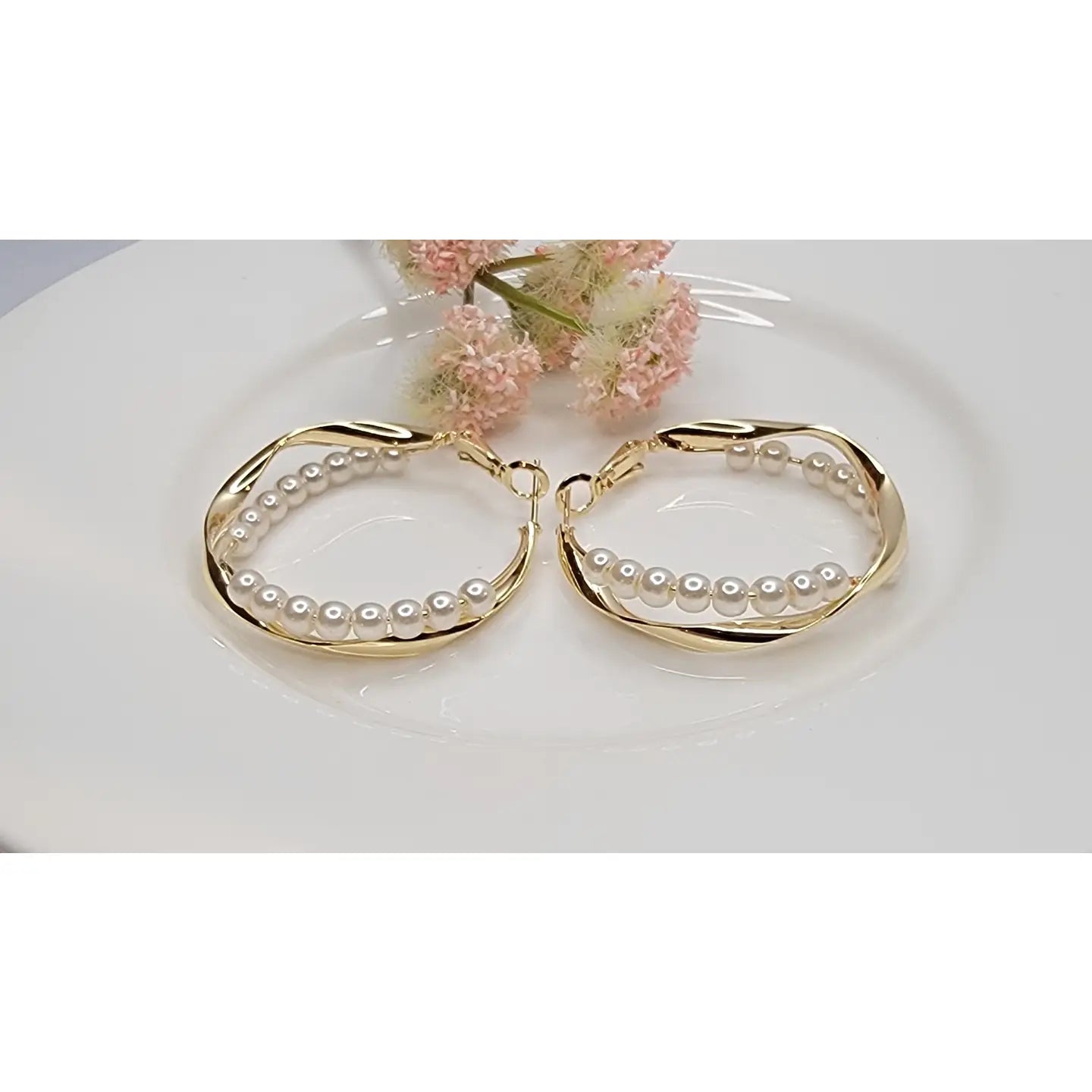 Pearl Decorated Criss Cross Gold Hoop Earrings