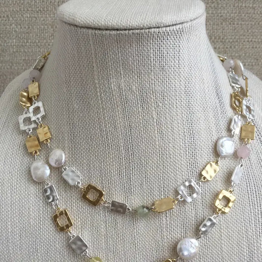Geometric Gold/ Silver with Coin Pearl shortvNecklace