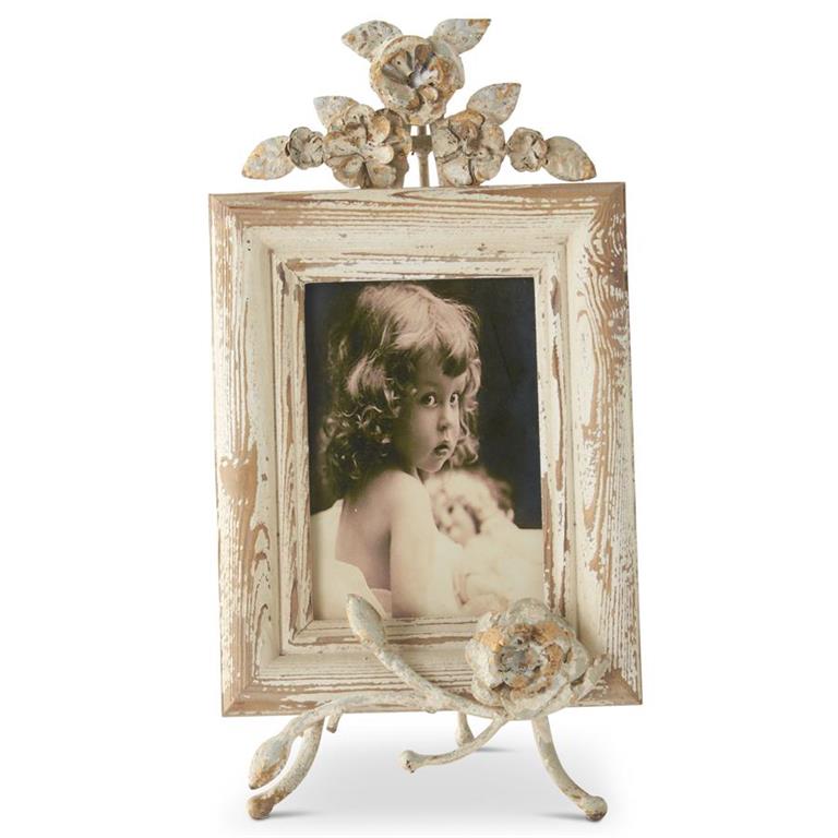 Distressed Cream Metal Photo Frame w/Floral Easel Stand