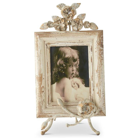 Distressed Cream Metal Photo Frame w/Floral Easel Stand
