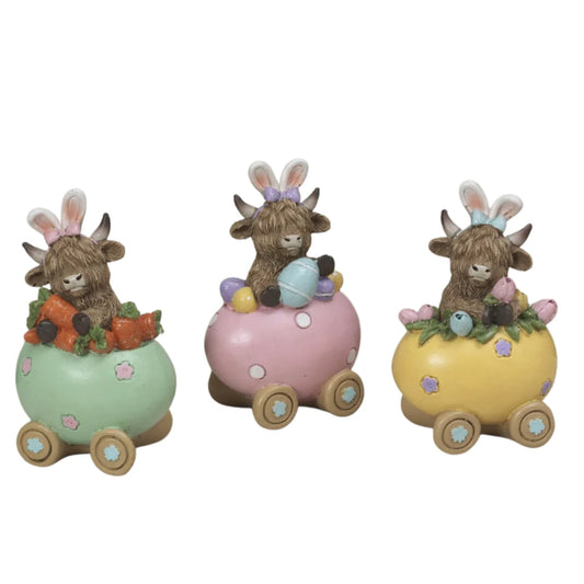 Resin Easter Highland Cow in Egg Car