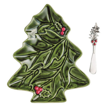 Green Ceramic Christmas Tree Dish With a Spreader
