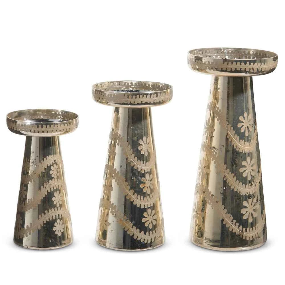 Etched Silver Mercury Glass Candle Holders -Assorted