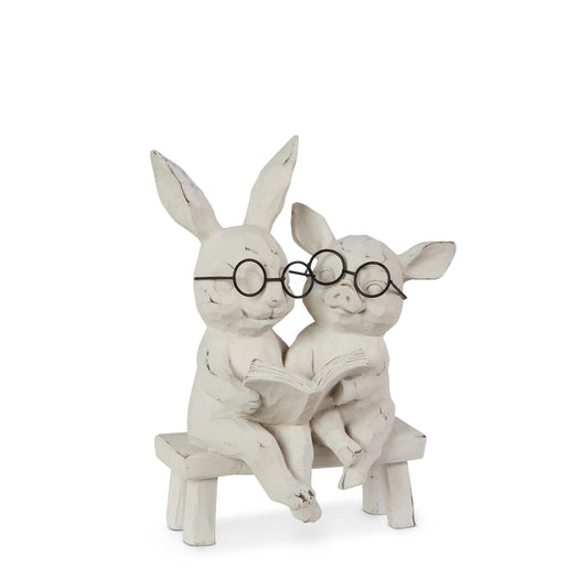 7" Reading Bunny and Pig on Bench