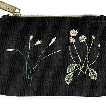 Delicate Floral Black  Embroidered Coin Pouch