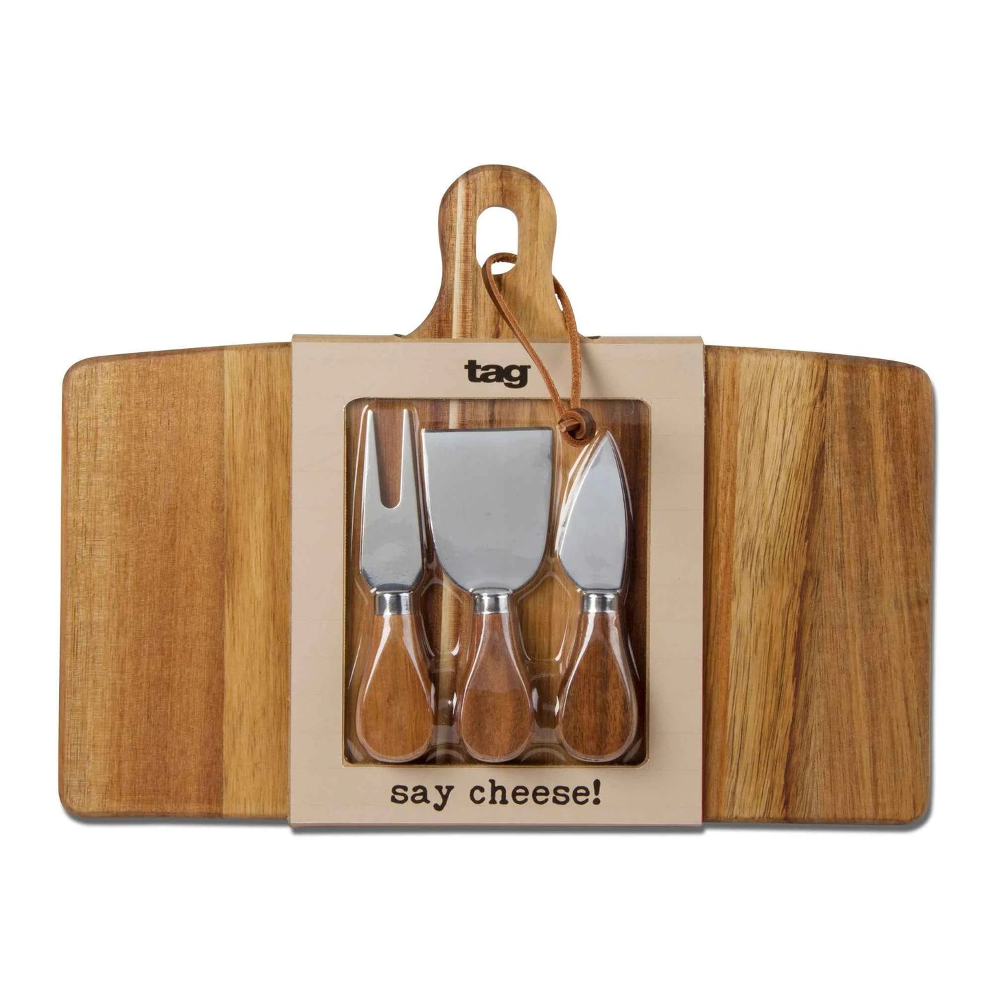 Say Cheese Long Acacia Board And Cheese Utensil Set