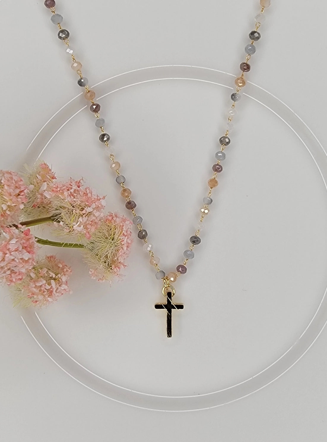 Gold Tone Cross with Crystal Beads Necklace   (56)