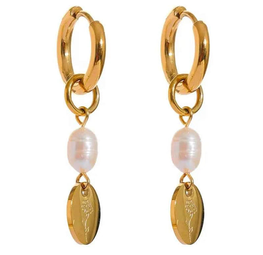 Engraved Flower + Fresh water pearl Dangle