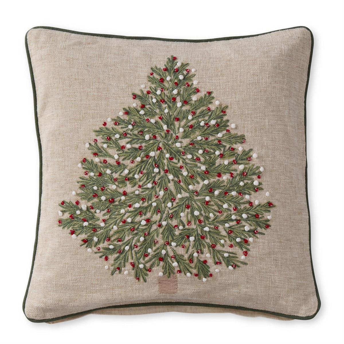 Tan Christmas Tree Pillow w/Red & White Ornaments-20 inch