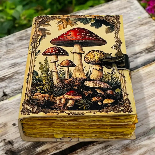 Vintage mushroom Grimoire Handmade Leather-Bound journal