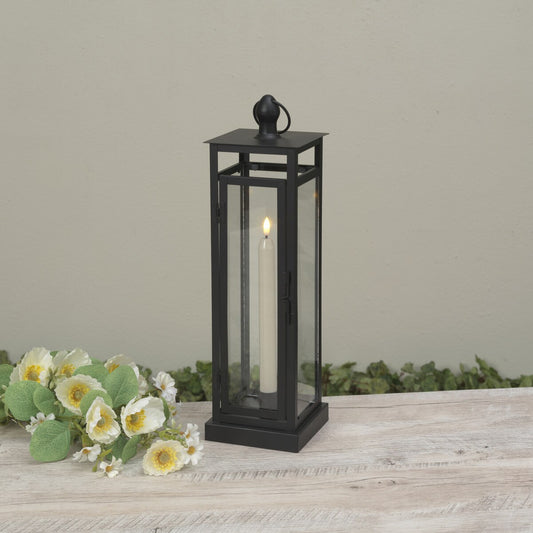 LED Lighted Black Metal & Glass Lantern w/ Candle & Timer