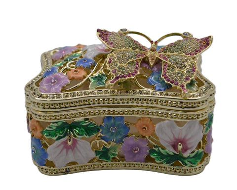 jeweled big flower with butterfly trinket box