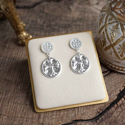 Faith & Relic – Cross Coin Dangle Earrings in Worn Gold or Silver: Gold