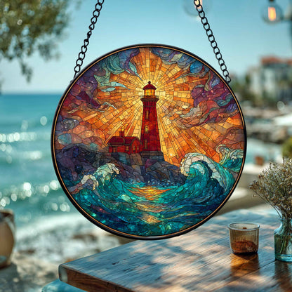 Lighthouse Stained Glass Suncatcher, Coastal Ocean Decor
