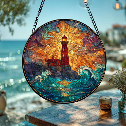 Lighthouse Stained Glass Suncatcher, Coastal Ocean Decor