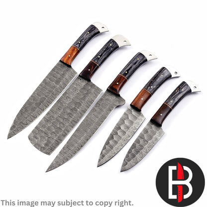 Damascus Steel Chef Set Handmade BBQ Kitchen Knives 5 Pcs