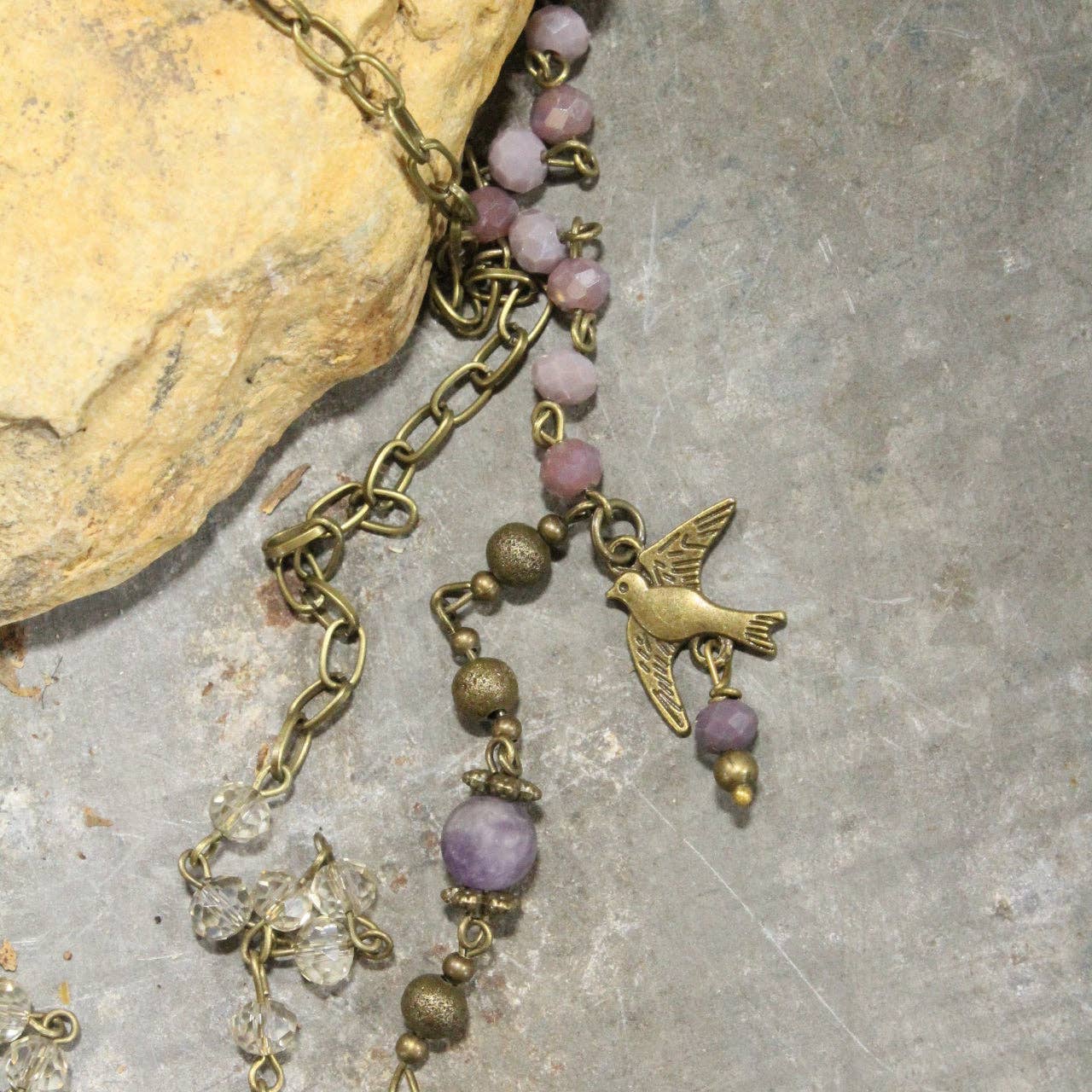 Bird Chirping Purple Czech Layered Necklace