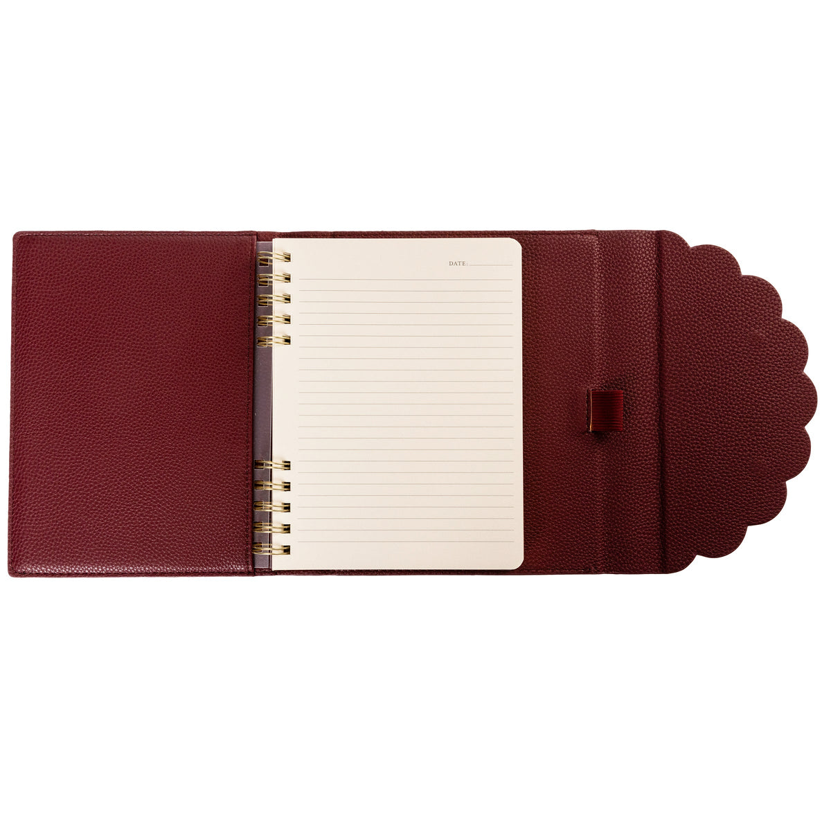Burgundy Vegan Leather Wrap Journal, A burgundy vegan leather wrap journal with a scalloped flap and pebbled texture, shown open with its spiral insert and pen loop.