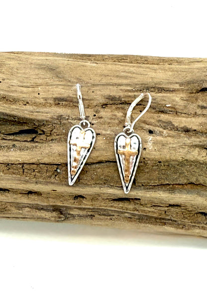 Earring Alloy Plated Heart w/Cross Drop w/Closed Hook