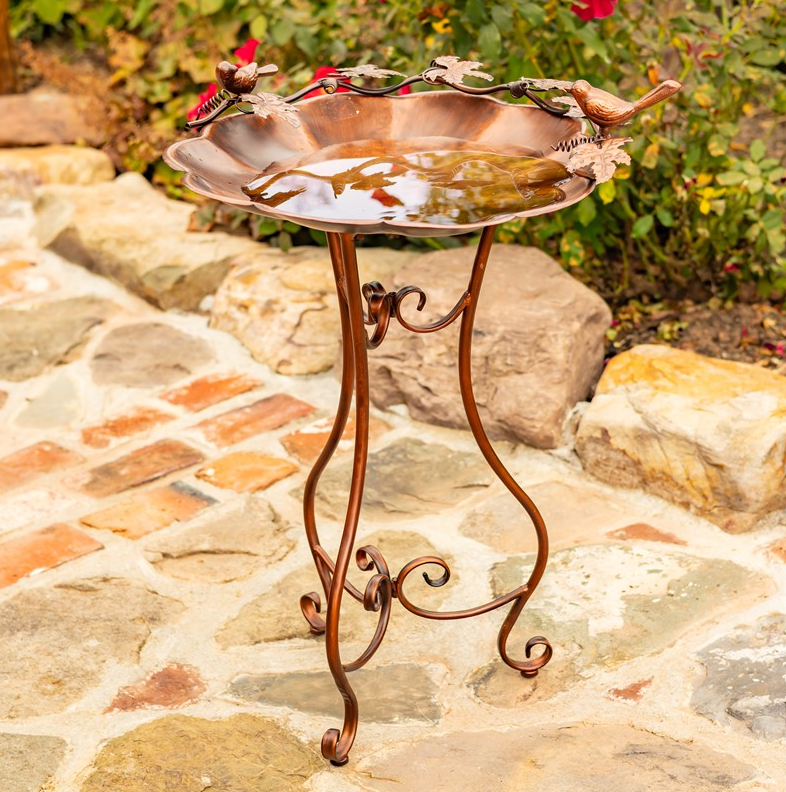 29.25" Tall Flower-Shaped Birdbath & Trifold Stand in Antiqu