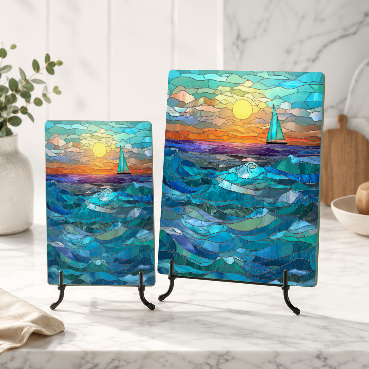 Sailboat Sunset Tempered Glass Cutting Board: 8x11 inch