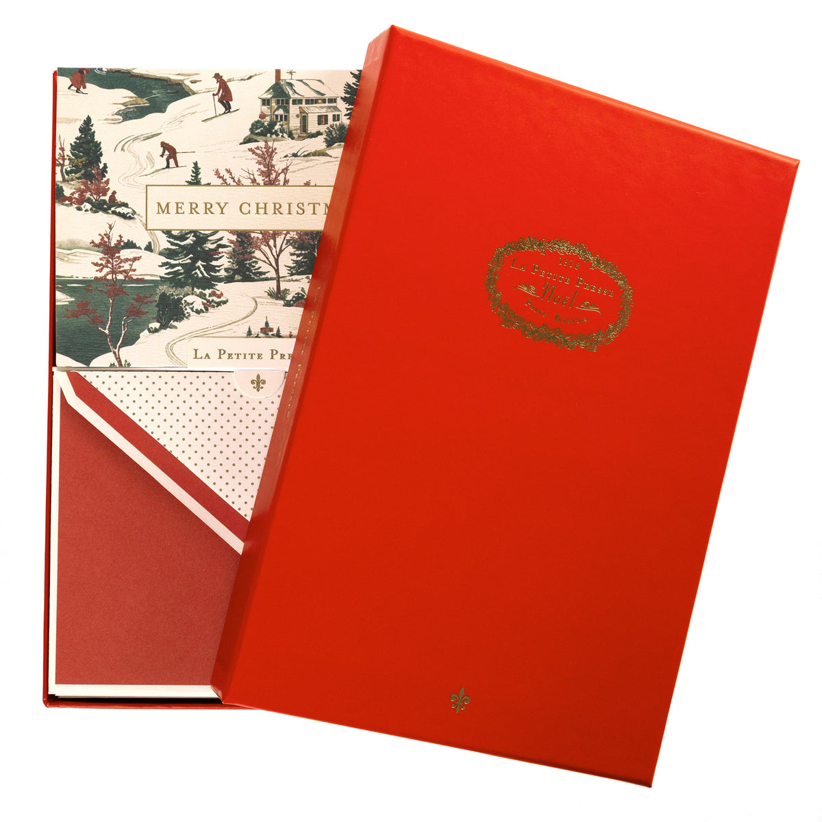 La Petite Noel Scene Holiday Boxed Correspondence Notes, A boxed Christmas correspondence card with a vintage winter village toile scene and Merry Christmas in a gold foil box.
