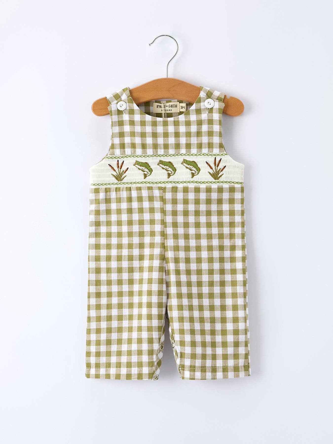 Green Plaid Fish Embroidered Smocked Baby Boy Romper: 3M