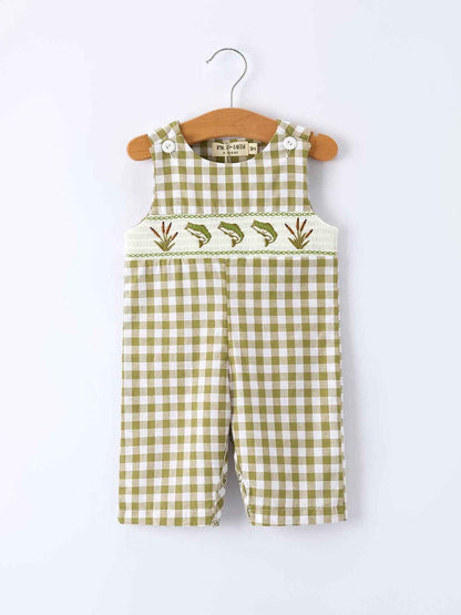 Green Plaid Fish Embroidered Smocked Baby Boy Romper: 3M