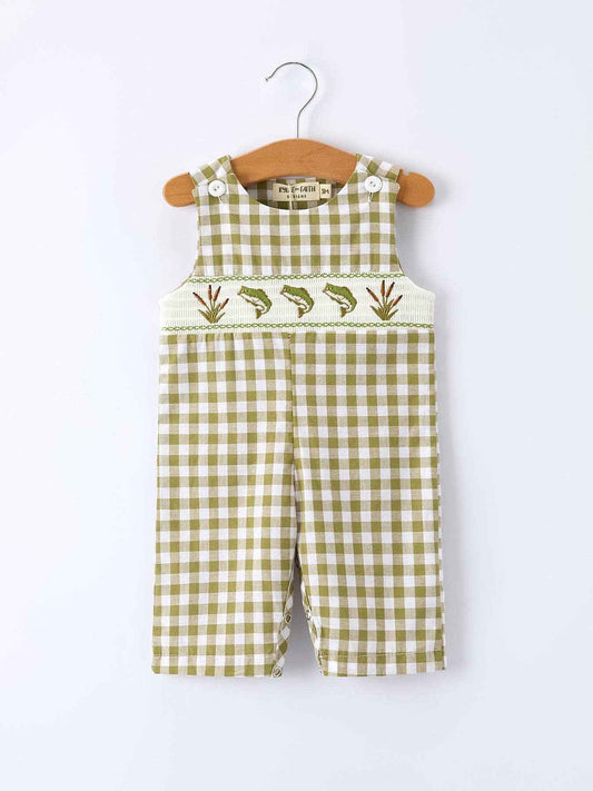 Green Plaid Fish Embroidered Smocked Baby Boy Romper: 3M