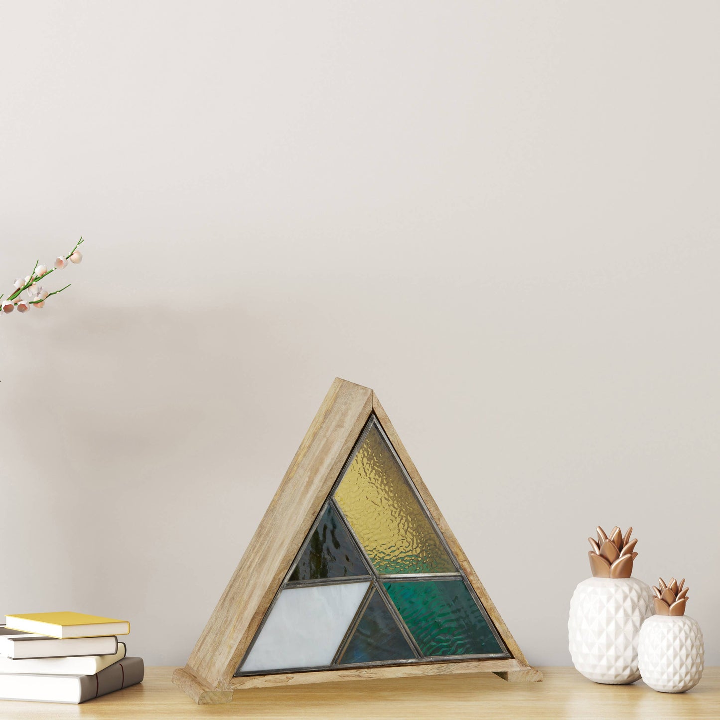 11"H Stained Glass Triangle Shade Wood Base Accent Lamp