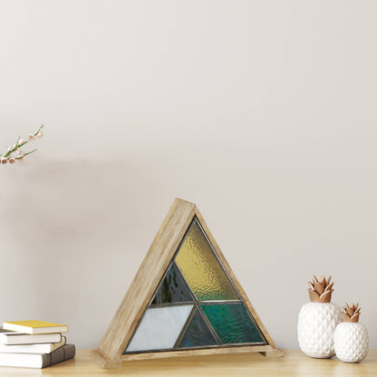 11"H Stained Glass Triangle Shade Wood Base Accent Lamp