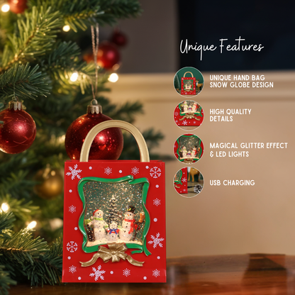 Christmas Musical Red Gift Bag Snow Globe Lantern with Snowman Family Scene for Christmas Decoration