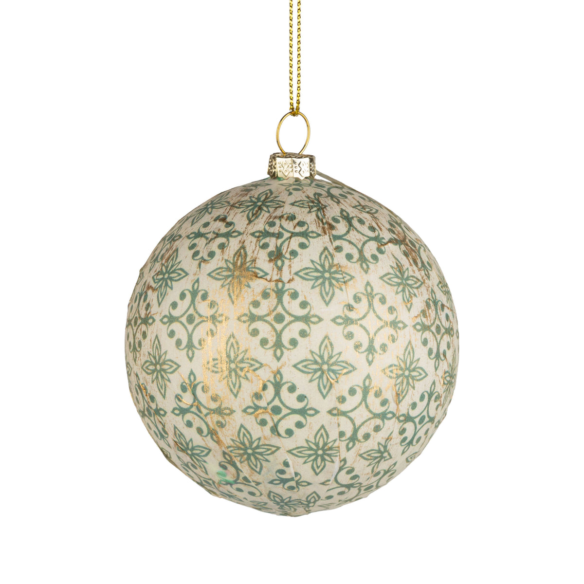 A25023:Paper/plastic ball orn,green medallion lt gold 3in
