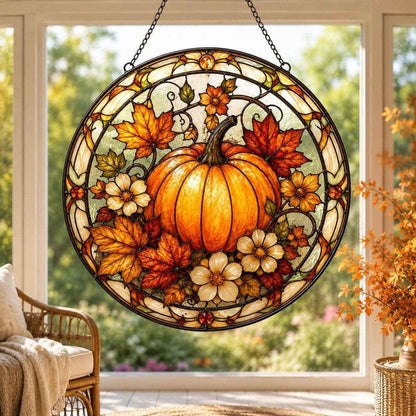 Autumn Pumpkin Crescent Moon Stained Glass Suncatcher