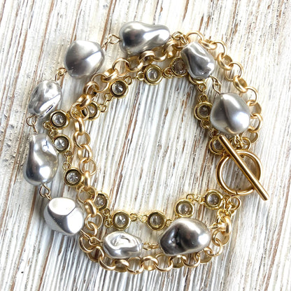 Triple gray porcelian pearl baroque bracelet gold