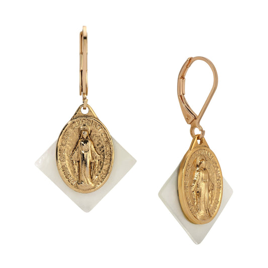 1928 Jewelry - Symbols Of Faith Mother Of Pearl Miraculous Medal Drop Earrings